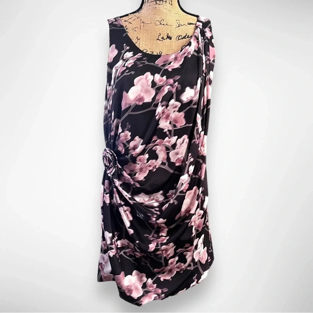 H&M‎ Pink And Black Mini Dress With Drop Waist & Floral Print Size 6 | EUC